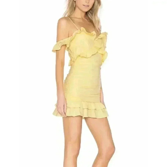 Revolve Lovers + Friends Mini Dress XS Daffodil Ruched Ruffle Donna Cut Out - Picture 2 of 7